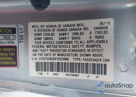 2015 Honda Civic Lx из США, поврежденный, VIN 2HGFG3B50FH523489